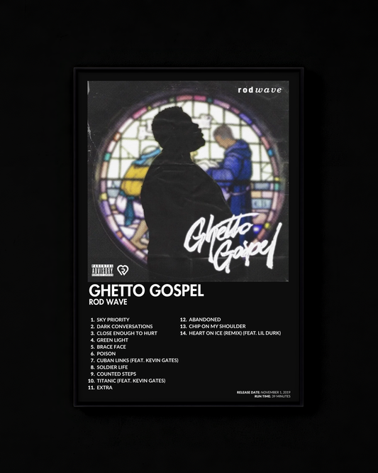Ghetto Gospel poster by Rod Wave — black colorway, black-and-white album art print