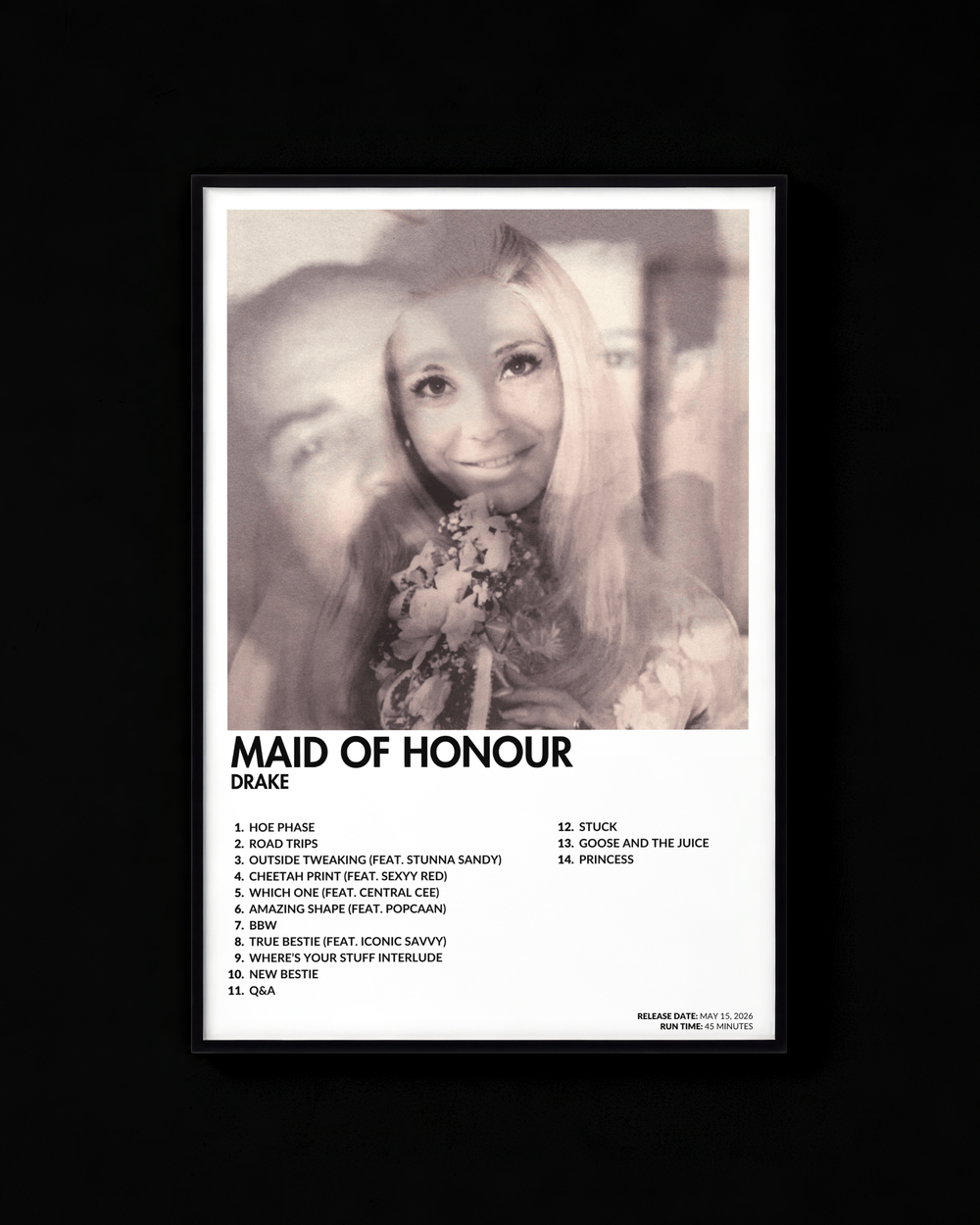 MAID OF HONOUR poster by Drake — white colorway, black-and-white album art print