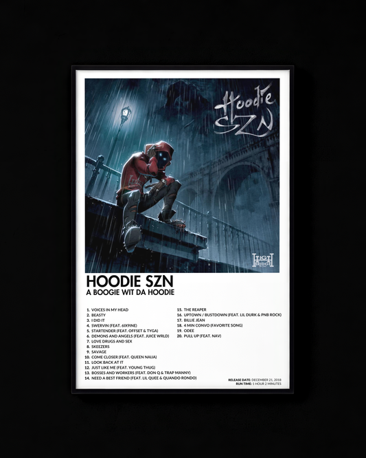 Hoodie SZN poster by A Boogie Wit da Hoodie — white colorway, black-and-white album art print