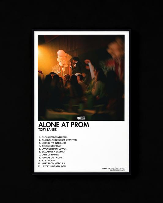 Alone at Prom poster by Tory Lanez — white colorway, black-and-white album art print