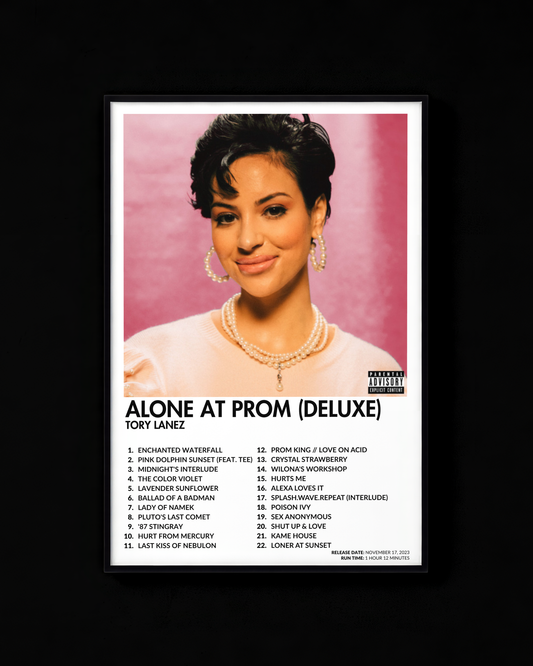 Alone at Prom (Deluxe) poster by Tory Lanez — white colorway, black-and-white album art print