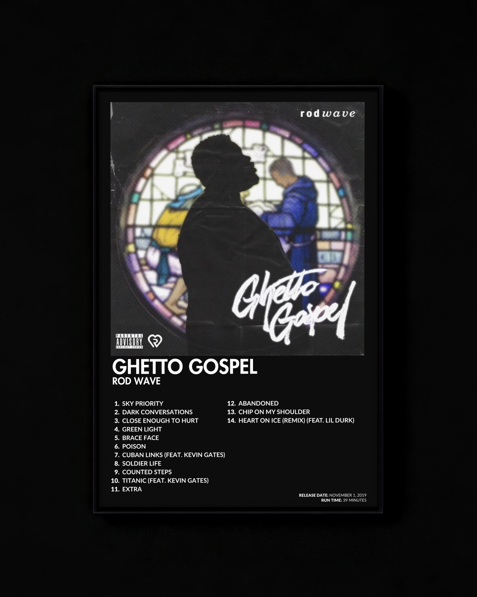 Ghetto Gospel poster by Rod Wave — black colorway, black-and-white album art print