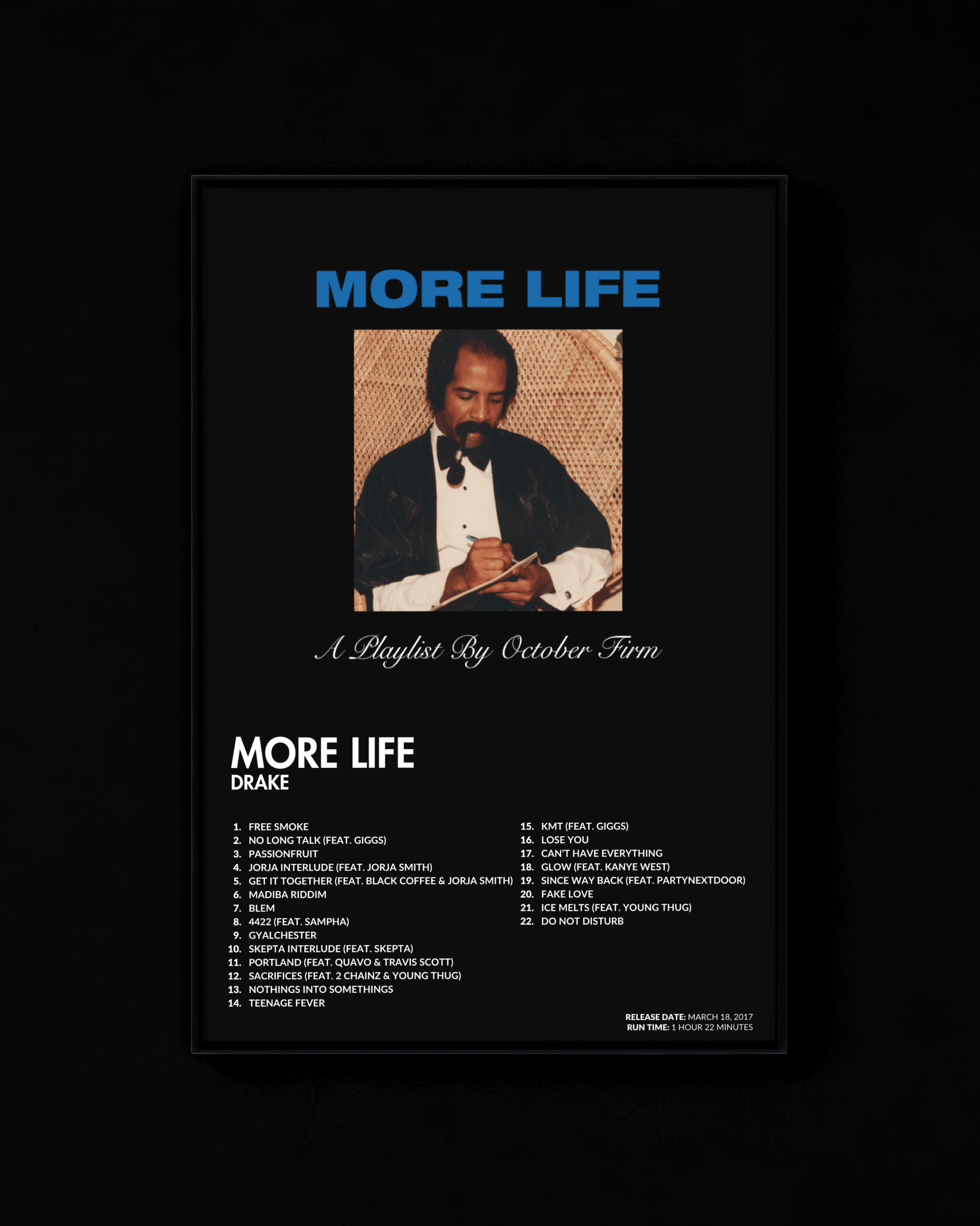 More Life poster by Drake — black colorway, black-and-white album art print