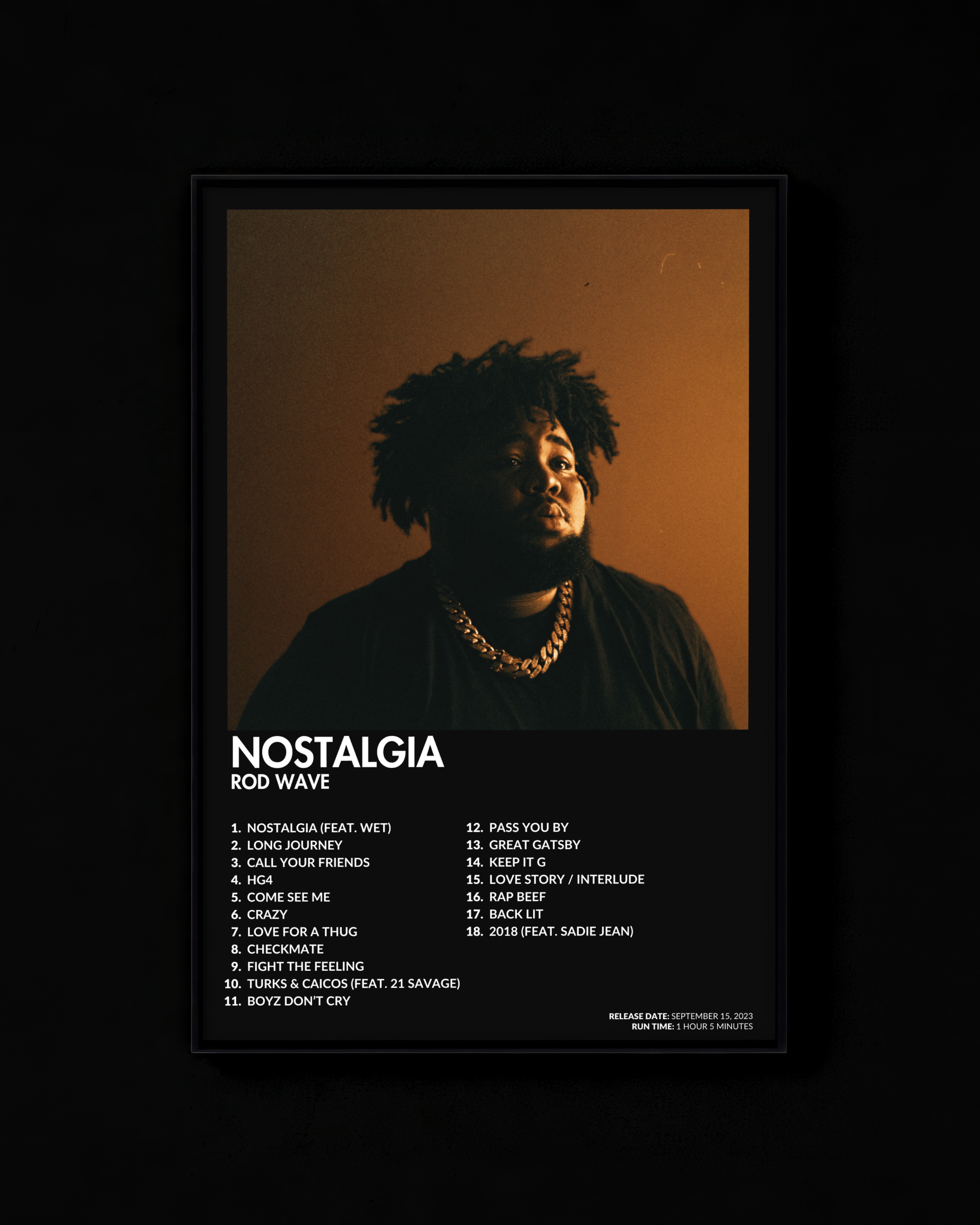 Nostalgia poster by Rod Wave — black colorway, black-and-white album art print