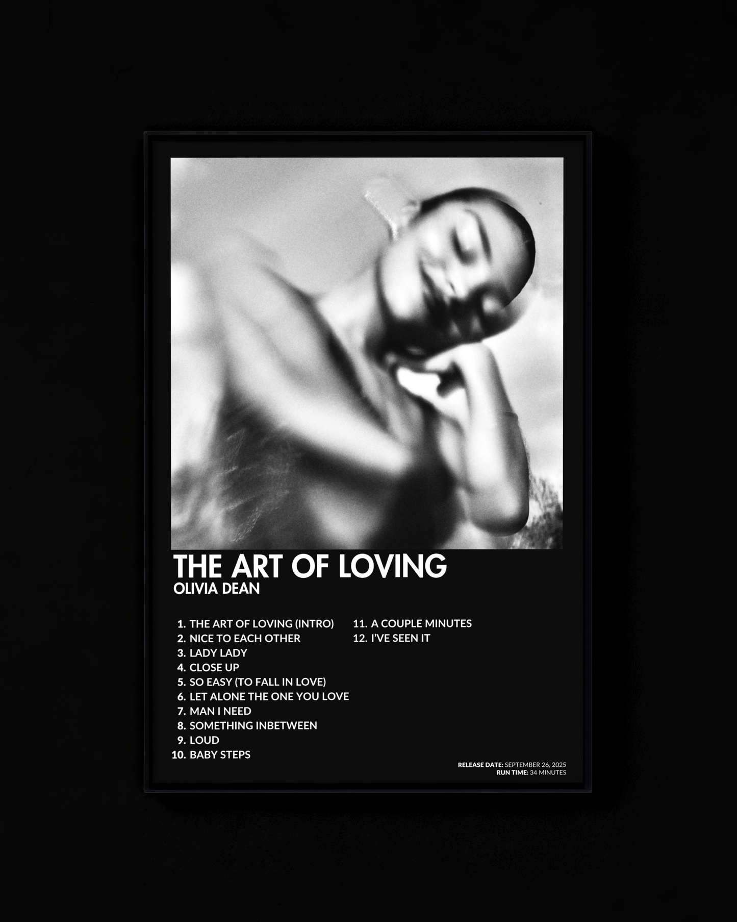 The Art Of Loving poster by Olivia Dean — black colorway, black-and-white album art print