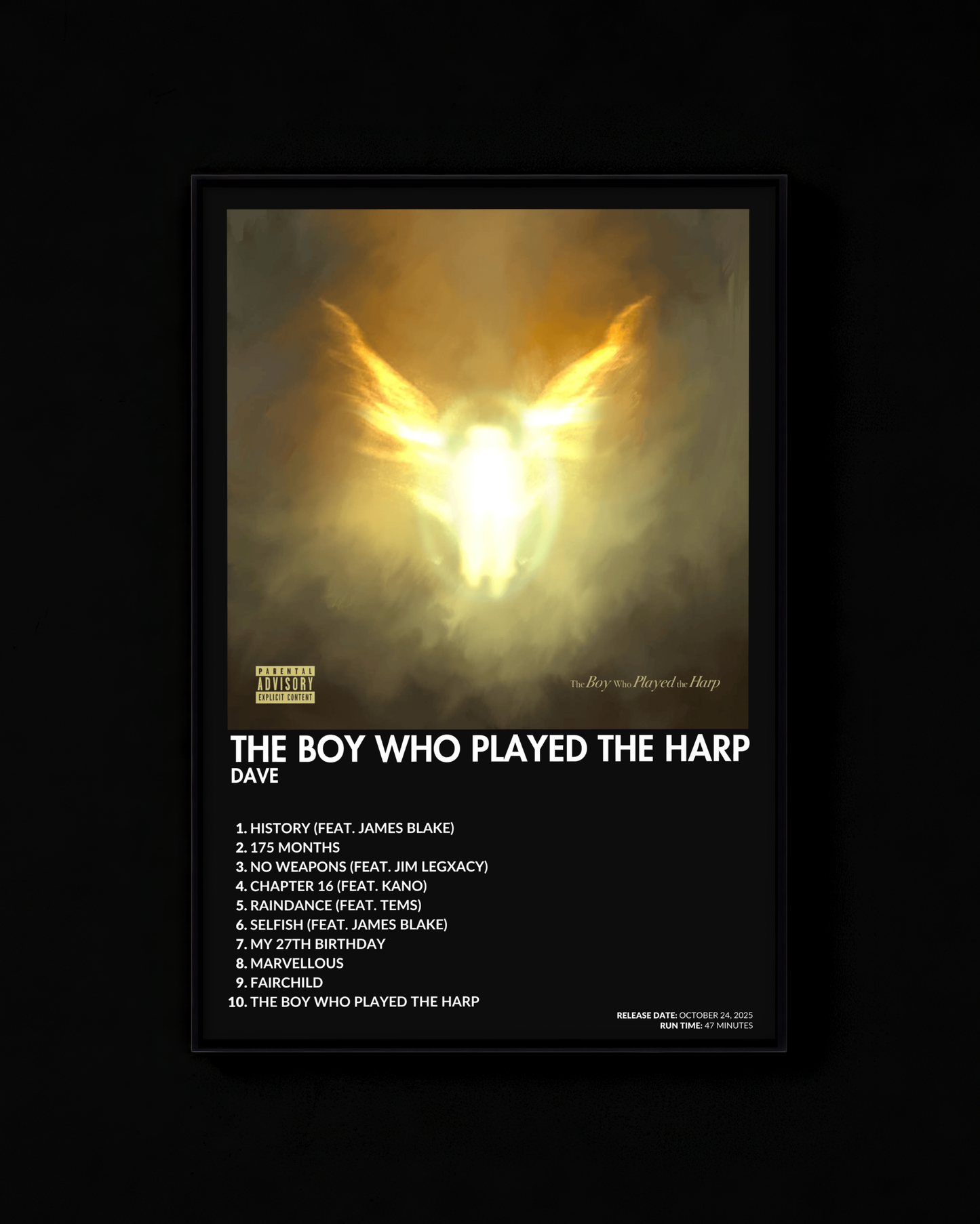 The Boy Who Played Harp poster by Dave — black colorway, black-and-white album art print