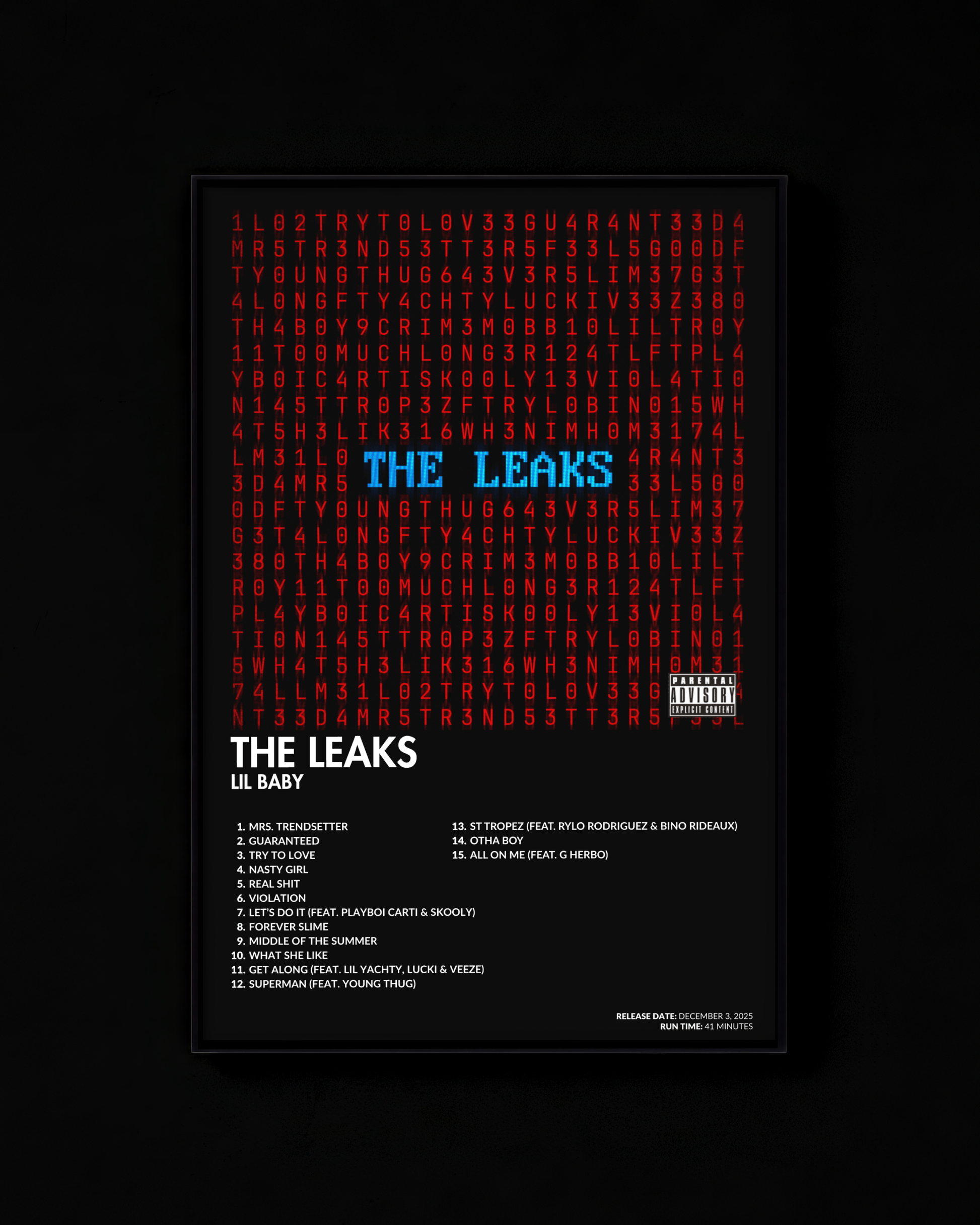 The Leaks poster by Lil Baby — black colorway, black-and-white album art print