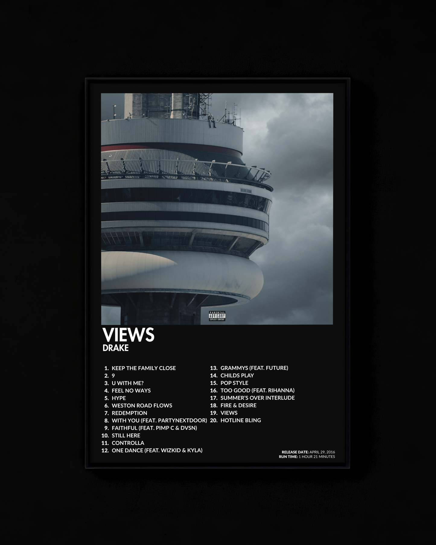 Views poster by Drake — black colorway, black-and-white album art print