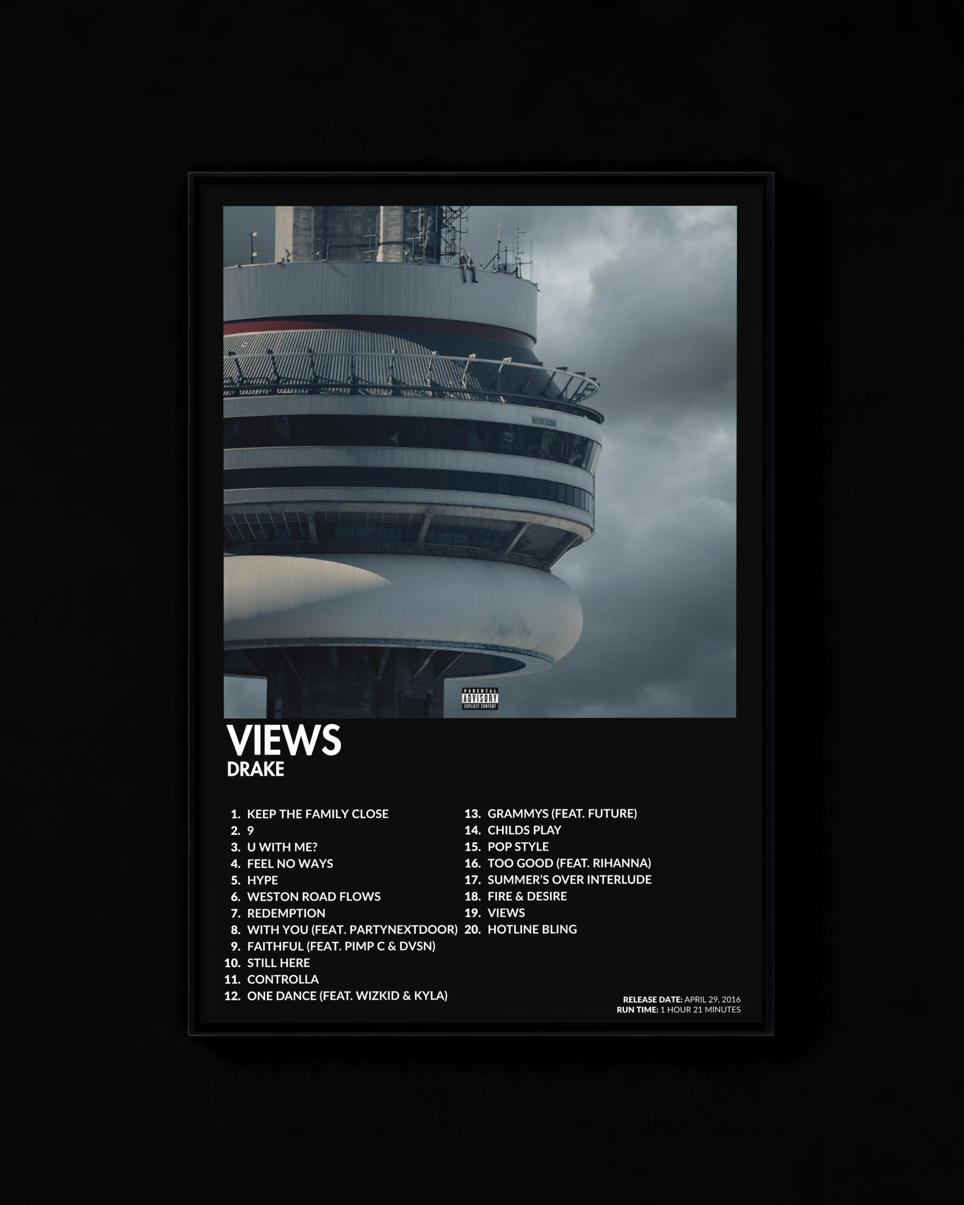 Views poster by Drake — black colorway, black-and-white album art print
