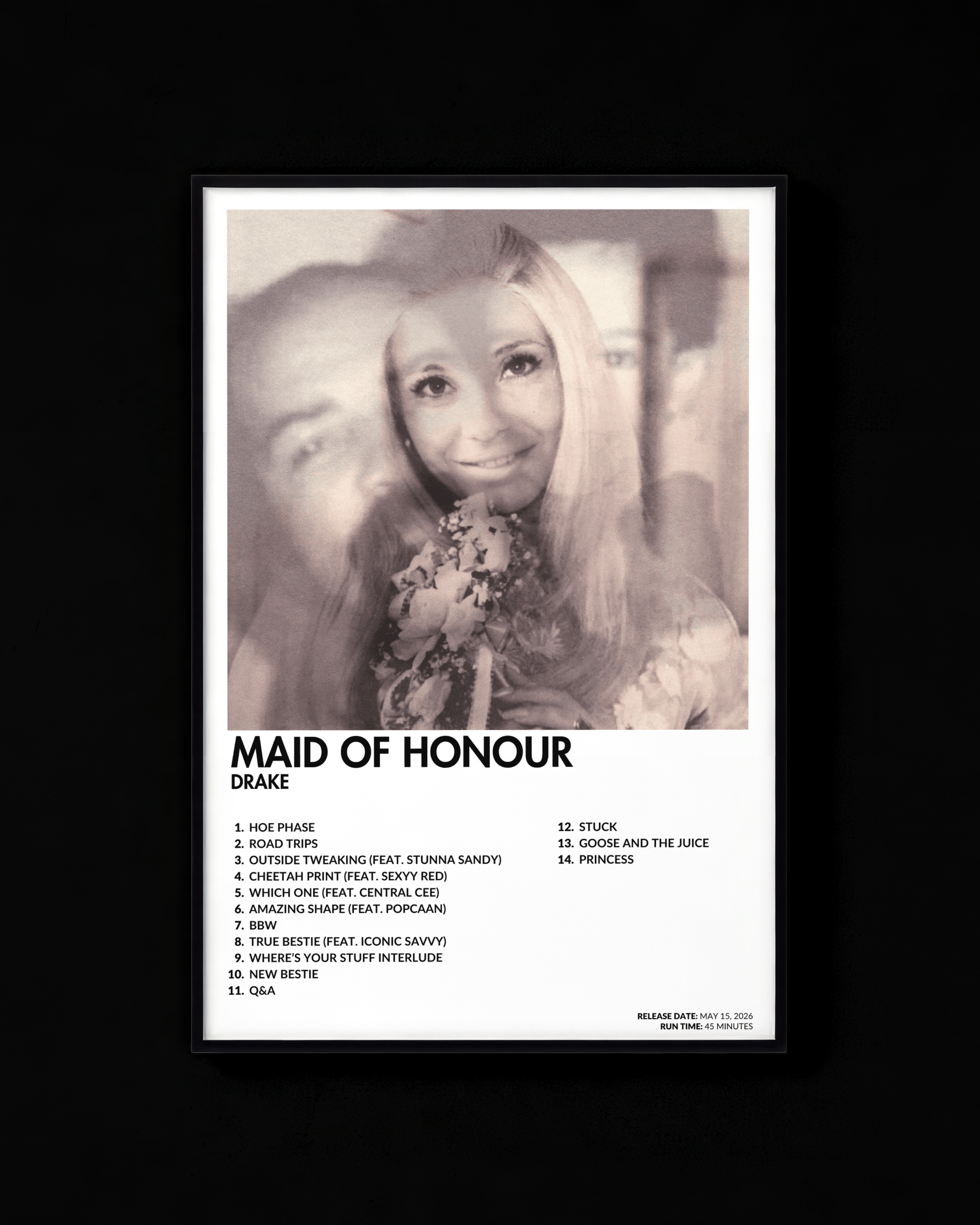MAID OF HONOUR poster by Drake — white colorway, black-and-white album art print