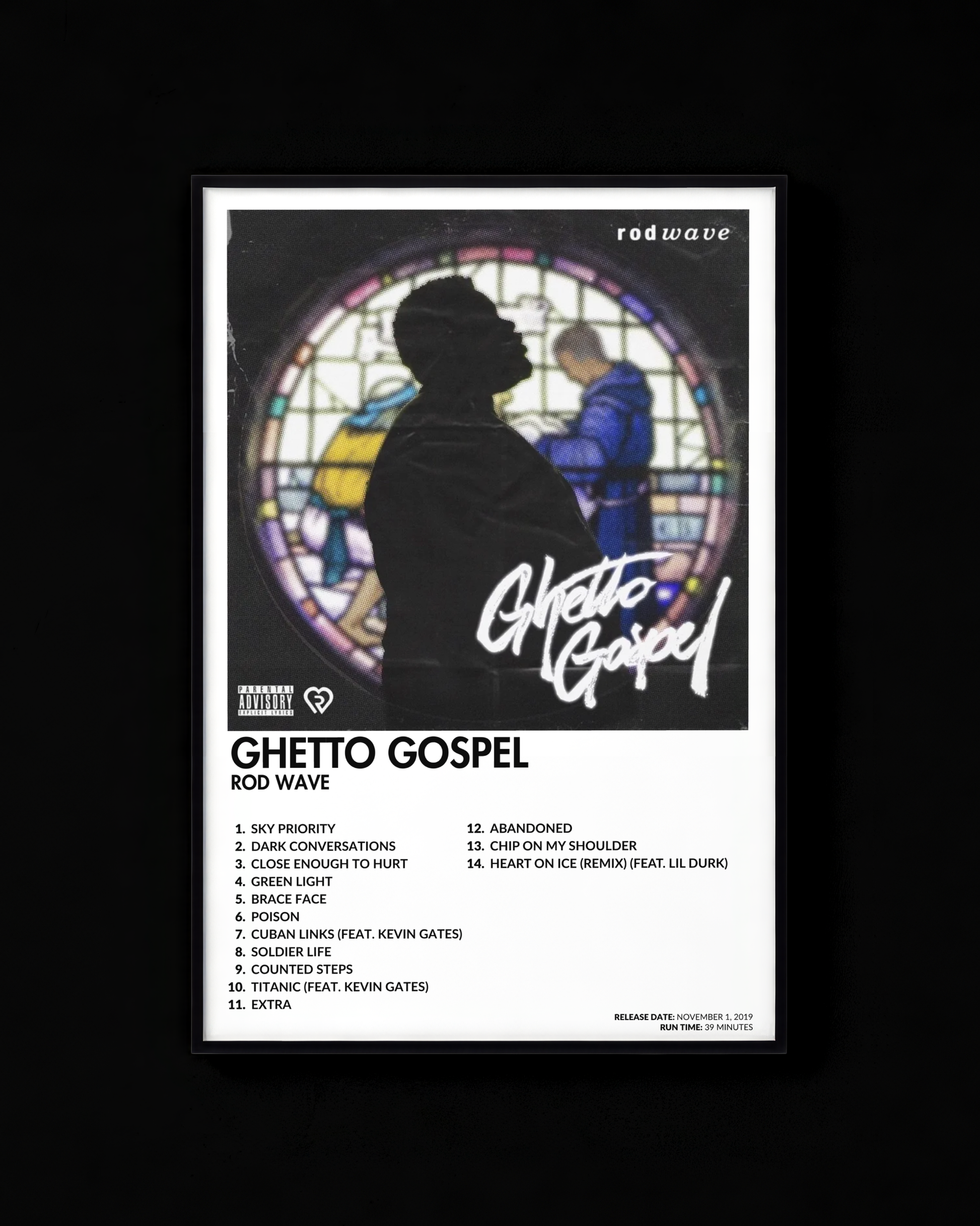 Ghetto Gospel poster by Rod Wave — white colorway, black-and-white album art print