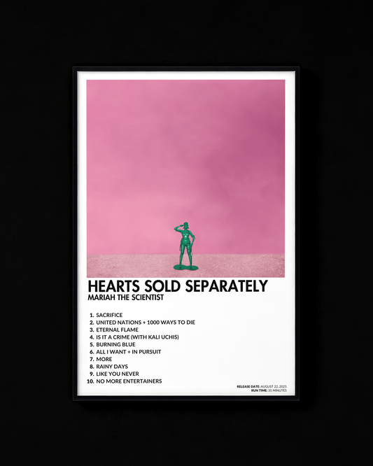 Hearts Sold Separately poster by Mariah the Scientist — white colorway, black-and-white album art print