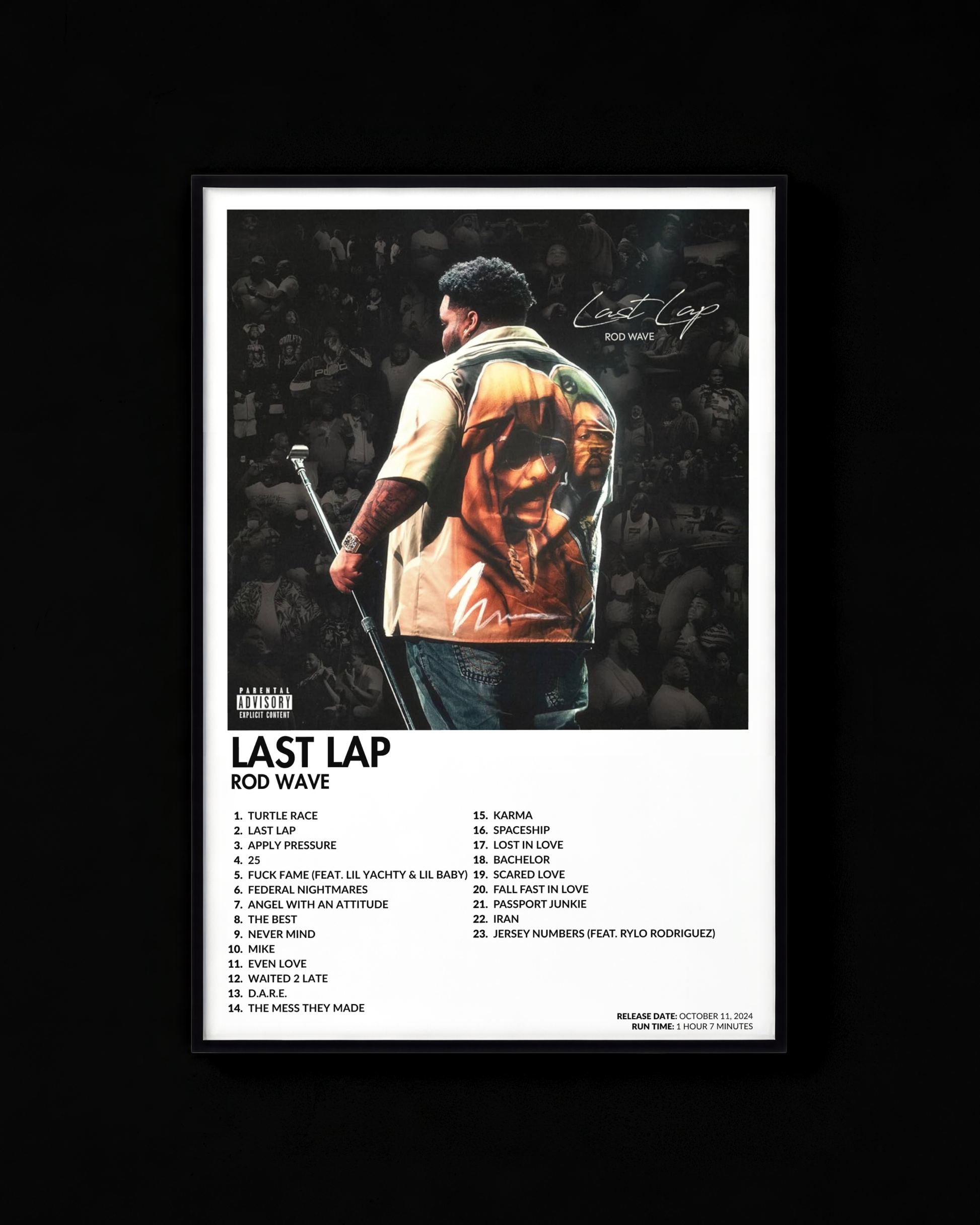 Last Lap poster by Rod Wave — white colorway, black-and-white album art print