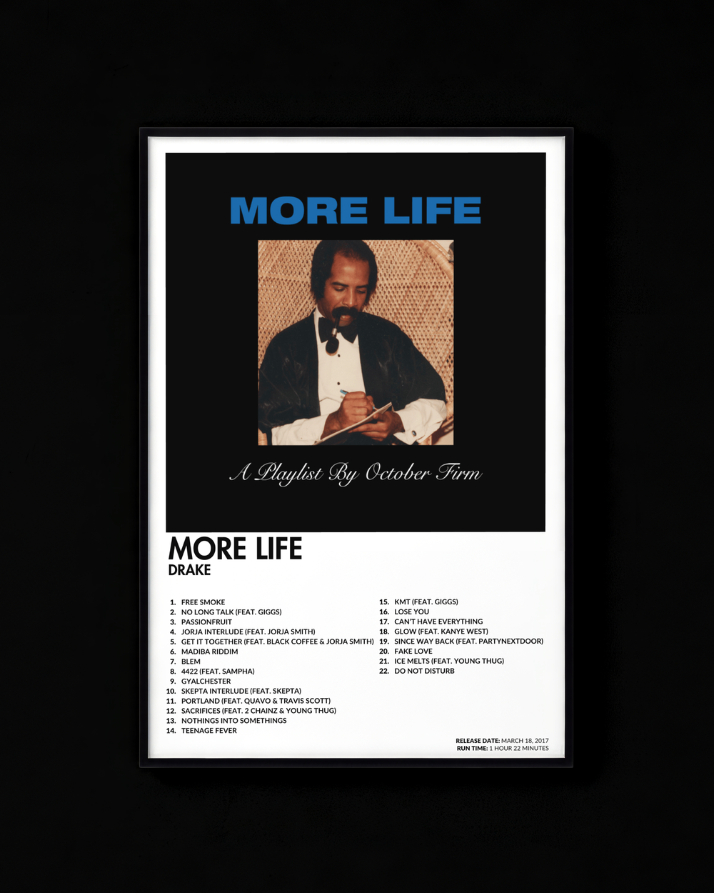 More Life poster by Drake — white colorway, black-and-white album art print