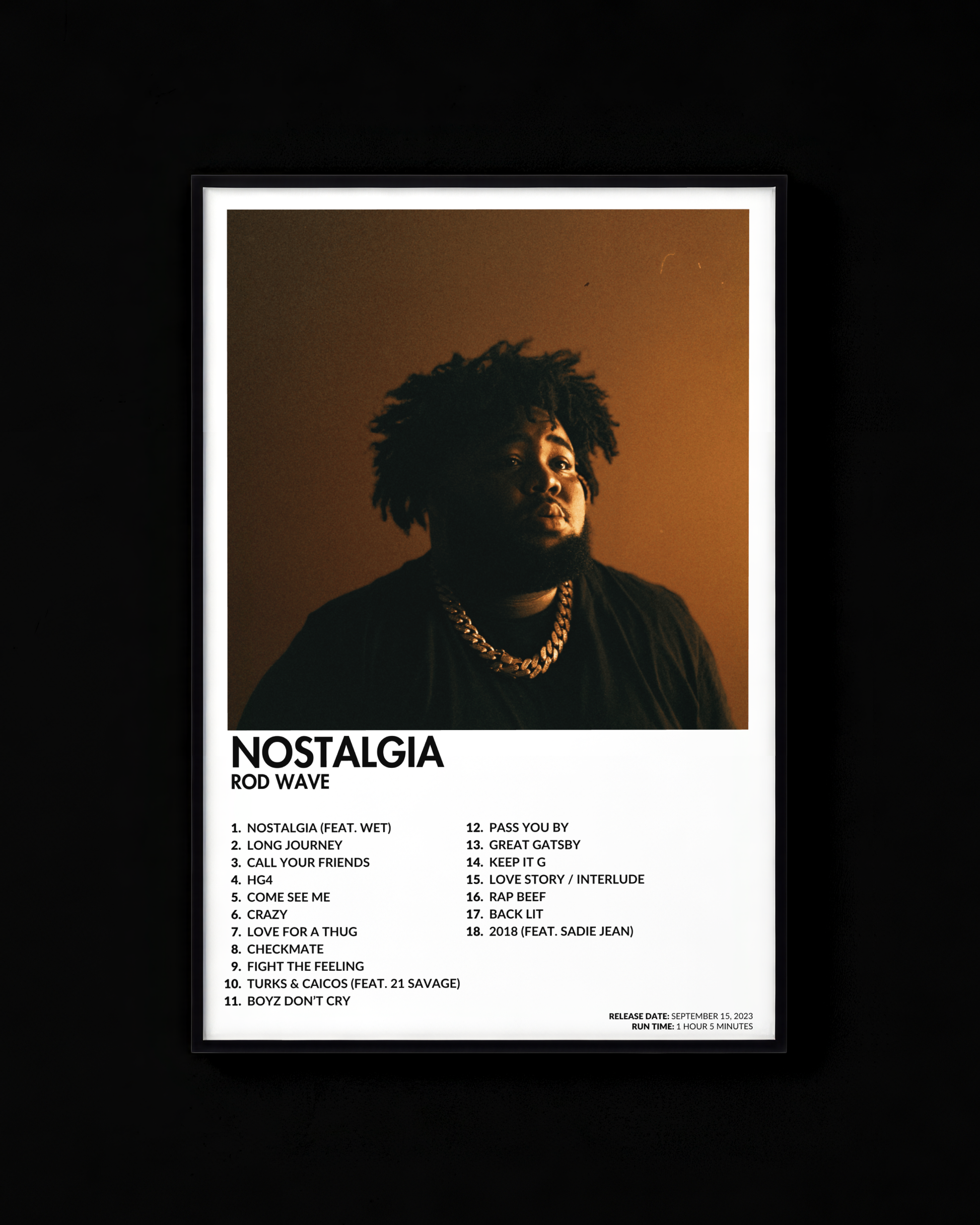 Nostalgia poster by Rod Wave — white colorway, black-and-white album art print