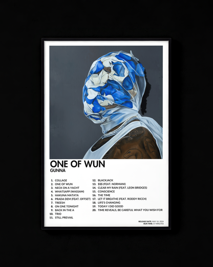One of Wun poster by Gunna — white colorway, black-and-white album art print