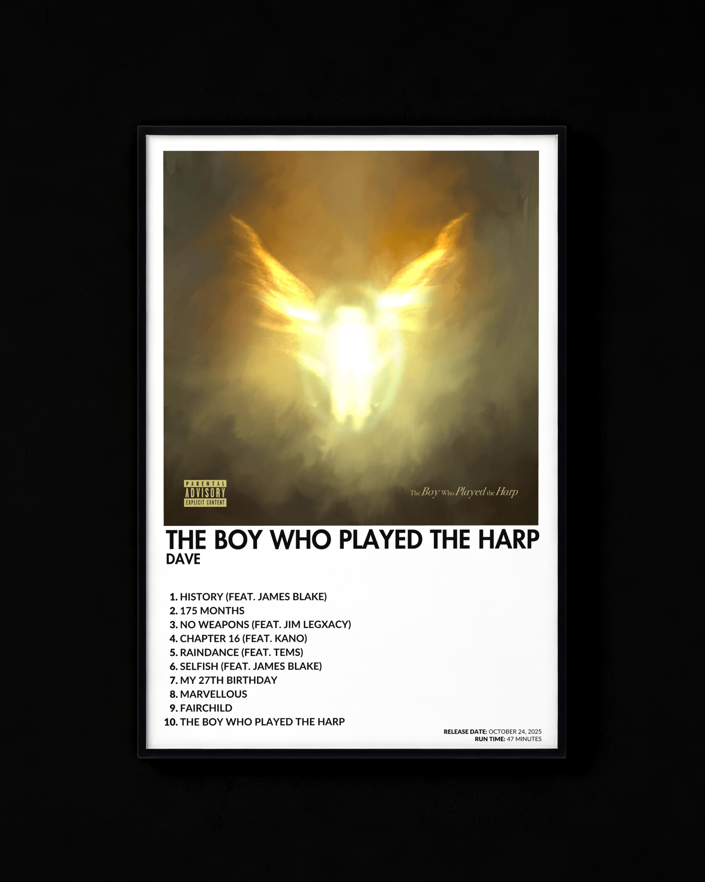 The Boy Who Played Harp poster by Dave — white colorway, black-and-white album art print