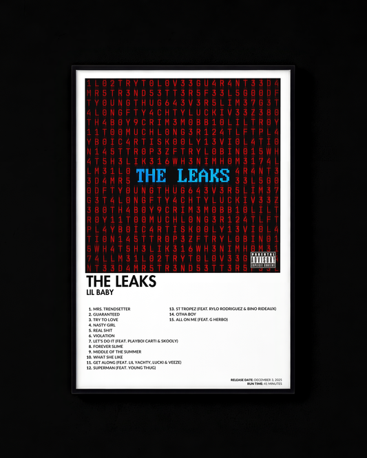 The Leaks poster by Lil Baby — white colorway, black-and-white album art print