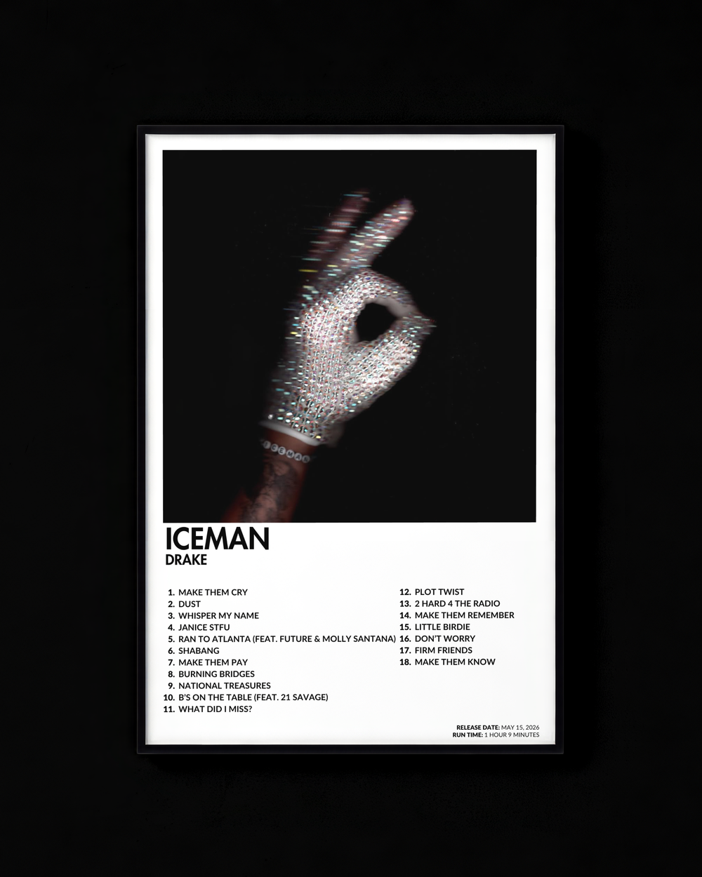 ICEMAN poster by Drake — white colorway, black-and-white album art print