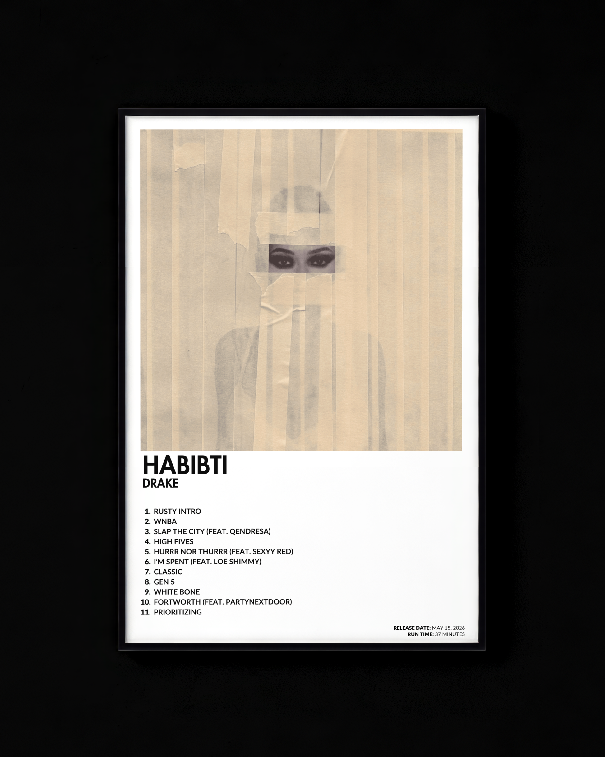 HABIBTI poster by Drake — white colorway, black-and-white album art print