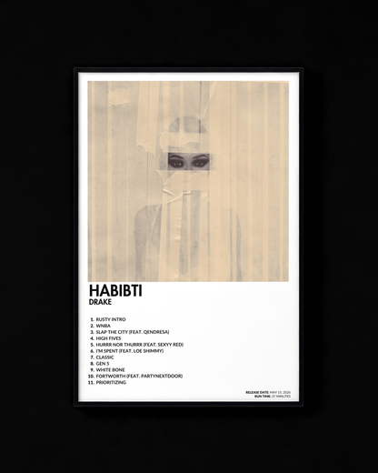 HABIBTI poster by Drake — white colorway, black-and-white album art print