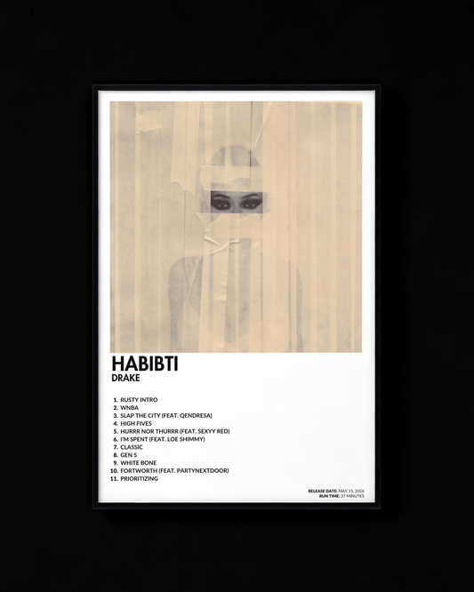 HABIBTI poster by Drake — white colorway, black-and-white album art print